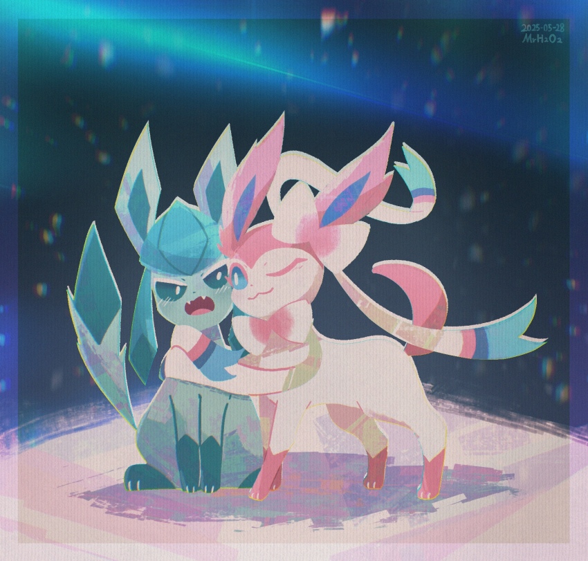 ;3 angry animal_focus aqua_sclera artist_name blue_sclera blush border bow closed_mouth colored_eyelashes colored_sclera dated fangs gen_4_pokemon gen_6_pokemon glaceon highres mr_h202 nintendo no_humans one_eye_closed open_mouth pokemon pokemon_(creature) pokemon_focus ribbon smile snow snowing sylveon white_eyes