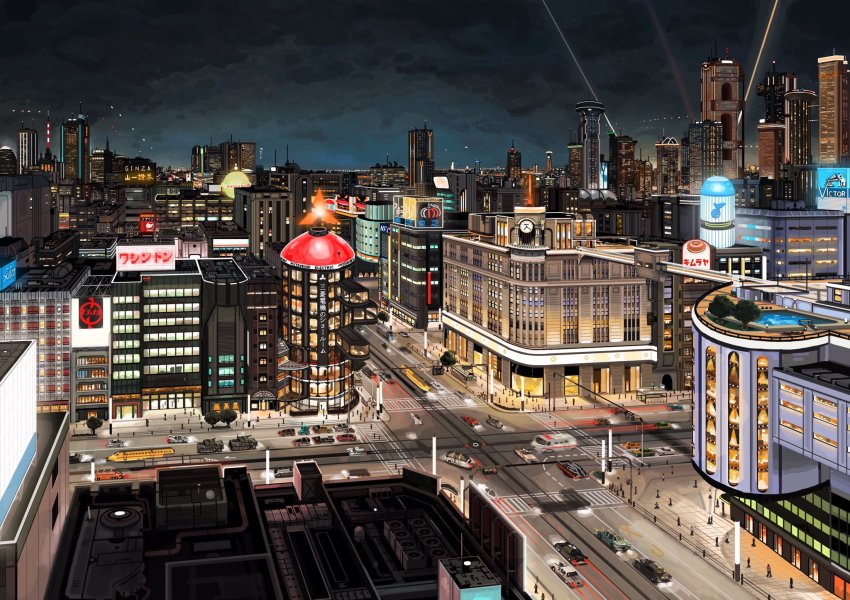 building car chuuou_(tokyo) city cityscape flying_car hai_to_hickory highres military military_vehicle motor_vehicle multi-lane_road night night_sky original real_world_location retro_artstyle road scenery sidewalk sky skyscraper street tank tokyo_(city) traffic_light train tree truck