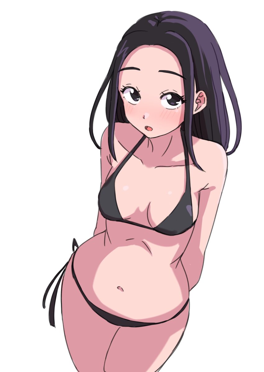 1girl absurdres arms_behind_back bikini black_bikini black_eyes black_hair breasts collarbone hakuino_hakase halterneck highres long_hair looking_at_viewer navel open_mouth original simple_background solo standing swimsuit white_background