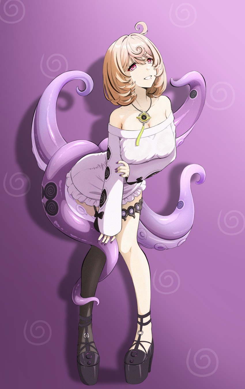 1girl arched_back arm_under_breasts bare_shoulders black_shoes blonde_hair breasts commentary_request dress frilled_dress frills full_body garter_straps grin highres holding_own_arm jewelry medium_breasts mole mole_under_mouth monster_girl necklace off-shoulder_dress off_shoulder parted_lips purple_background purple_eyes purple_nails scylla shadow shoes short_hair single_garter_strap single_thighhigh smile solo spiral spiral_print suction_cups syougun1106 tentacle_girl tentacle_grab tentacle_tail tentacles thighhighs white_dress yidhari_murphy zenless_zone_zero