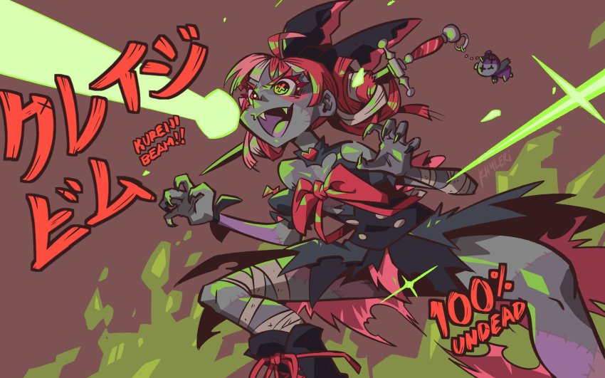 1girl bandaged_arm bandaged_leg bandages beam black_bow black_nails bow claw_pose colored_skin commentary double_bun english_commentary english_text fangs firing grey_hair grey_skin hair_bow hair_bun heterochromia highres hololive hololive_indonesia huge_bow khyle. kureiji_ollie nail_polish open_hands open_mouth pink_hair red_bow red_eyes red_hair solo stitched_arm stitched_face stitched_leg stitches sword virtual_youtuber weapon yellow_eyes zombie