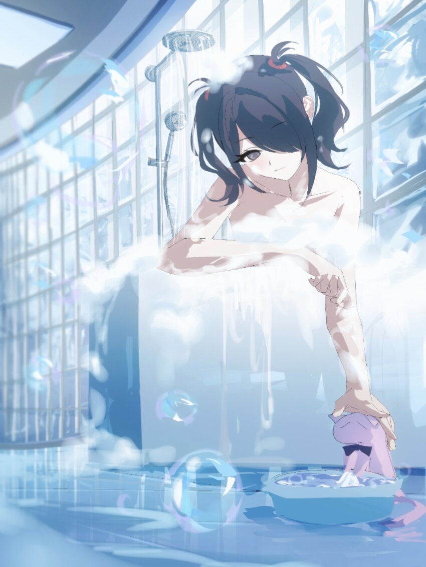 1girl ame-chan_(needy_girl_overdose) animal bathing bathtub black_eyes black_hair cat completely_nude hair_ornament hair_over_one_eye hashtag-only_commentary highres indoors junpaku_karen long_hair needy_girl_overdose nude pien_cat_(needy_girl_overdose) shower_head soap_bubbles solo twintails water x_hair_ornament