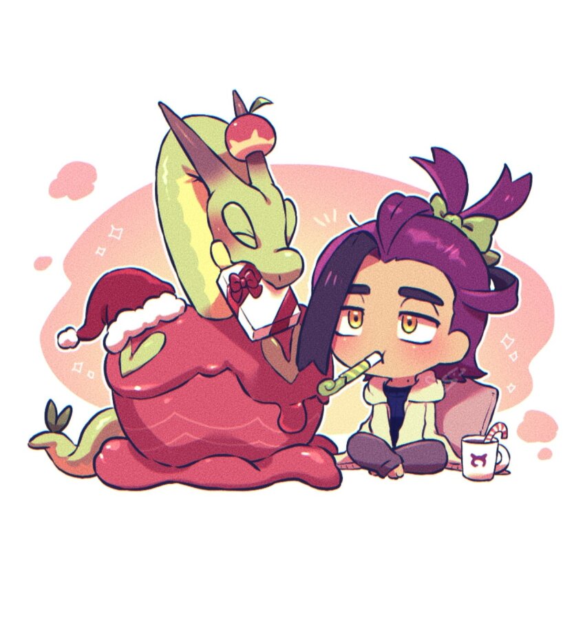 1boy apple bow candy candy_cane christmas closed_eyes commentary cup food fruit gift green_bow hat highres horns hydrapple kieran_(pokemon) nintendo pokemon pokemon_(creature) pokemon_sv purple_hair s_(esumi_kihomaru) santa_hat sitting symbol-only_commentary tail white_background worm yellow_eyes