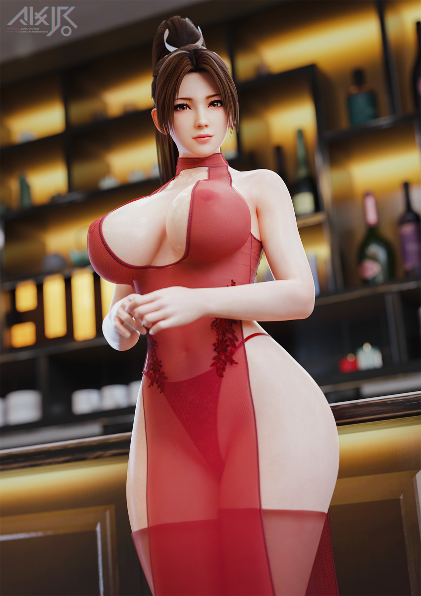 3d akiryo ass bare_arms bikini bottle breasts brown_eyes brown_hair cleavage fatal_fury highres large_breasts long_hair looking_at_viewer neck see-through_clothes shiranui_mai swimsuit the_king_of_fighters thighs wine_bottle