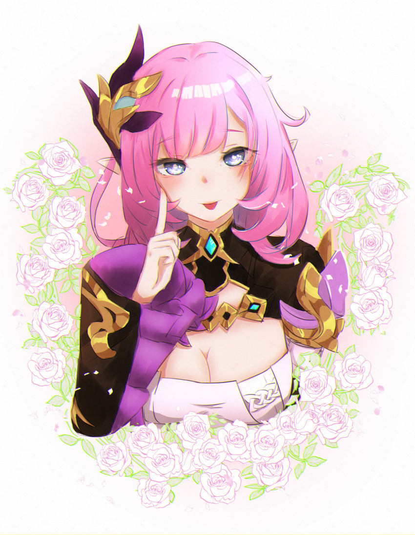 1girl absurdres blue_eyes breasts cleavage commentary_request corset elf elysia_(honkai_impact) elysia_(miss_pink_elf)_(honkai_impact) floral_background hair_ornament highres honkai_(series) honkai_impact_3rd kaboten large_breasts long_hair pink_hair pointing pointing_up pointy_ears shrug_(clothing) solo tongue tongue_out upper_body white_corset