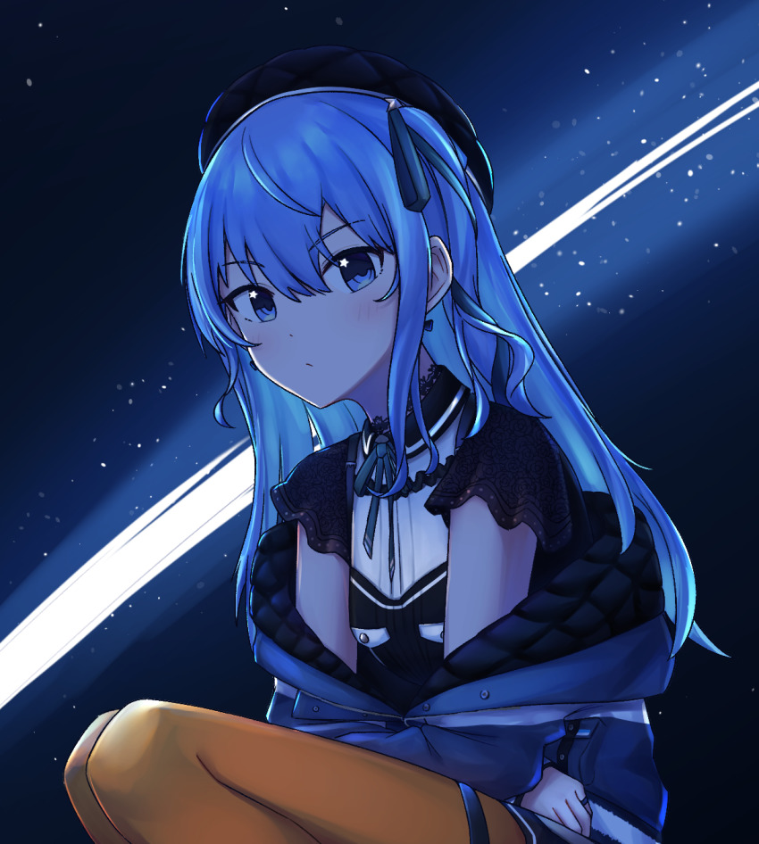 1girl ahoge backlighting beret black_choker black_hat blue_coat blue_eyes blue_hair blue_light bow bow_earrings breasts choker coat comet crossed_arms dark earrings hair_ribbon hat highres hololive hoshimachi_suisei hoshimachi_suisei_(casual) jewelry kenken_(keuken) lace lace-trimmed_sleeves lace_choker lace_trim long_hair looking_at_viewer off-shoulder_coat off_shoulder official_alternate_costume official_alternate_hairstyle orange_pantyhose padded_coat pantyhose ribbon ringlets short_sleeves sidelocks sitting skirt small_breasts solo star_(symbol) star_in_eye star_symbol_background symbol_in_eye thigh_strap thighs virtual_youtuber winter_clothes winter_coat