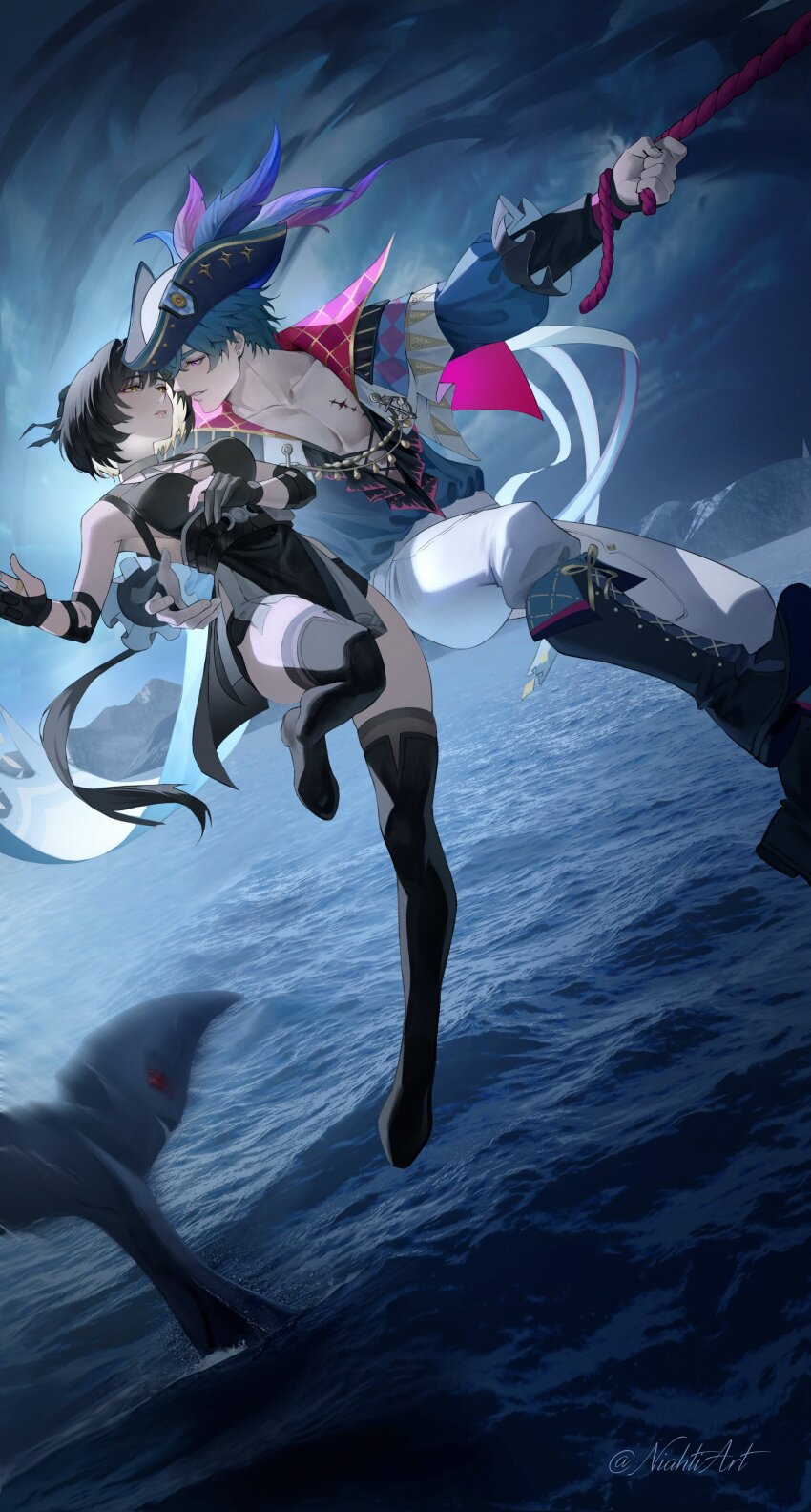 1boy 1girl absurdres arm_around_waist bare_shoulders bird black_boots black_hair blue_hair blue_shirt blurry blurry_foreground boots brant_(wuthering_waves) breasts colored_inner_hair cross-laced_clothes cross-laced_dress cross-laced_top elbow_pads female_rover_(wuthering_waves) gloves hashtag-only_commentary hat hat_feather highres holding holding_rope large_breasts long_hair looking_at_another micro_shorts multicolored_hair mystical_high_collar niahti ocean outdoors pants parted_lips partially_fingerless_gloves pectorals pelvic_curtain purple_eyes ribbon rope rover_(wuthering_waves) shirt short_hair shorts sky tacet_mark_(wuthering_waves) thigh_boots toned toned_male tricorne twitter_username very_long_hair water white_pants wuthering_waves yellow_eyes