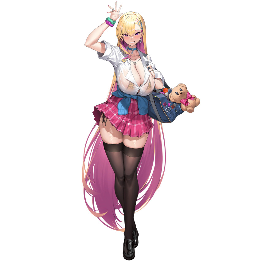 1girl amesuku_gyaru animal_print aqua_scrunchie areola_slip bag bikini bikini_under_clothes black_shoes black_thighhighs blonde_hair blue_bag blue_collar blue_sweater blush boryeon_(last_origin) breasts bursting_breasts button_gap cleavage clothes_around_waist collar collarbone collared_shirt colored_inner_hair comb crossed_legs ear_piercing earrings egg_vibrator eyeshadow full_body grin gyaru hair_between_eyes hair_ornament hairclip heart heart_necklace highres hitachi_magic_wand holding holding_bag huge_breasts jewelry kirome_(kamipaper) kogal last_origin leopard_print loafers long_hair looking_at_viewer lube makeup miniskirt mole mole_on_breast multicolored_hair nail_polish necklace official_alternate_costume official_art piercing pink_nails pink_ribbon pink_skirt plaid_clothes plaid_skirt pleated_skirt print_bikini purple_eyes purple_eyeshadow purple_hair purple_scrunchie razor_blade_earrings ribbon ring school_bag school_uniform scissors scrunchie see-through_clothes see-through_shirt sex_toy shirt shoes short_sleeves shoulder_bag side-tie_bikini_bottom simple_background single_earring skindentation skirt smile solo standing stuffed_animal stuffed_toy sweater sweater_around_waist swimsuit tachi-e taut_clothes taut_shirt teddy_bear teeth thick_thighs thighhighs thighs third-party_source transparent_background triangle_hair_ornament two-tone_hair very_long_hair vibrator waving wet wet_clothes wet_shirt white_shirt wrist_scrunchie