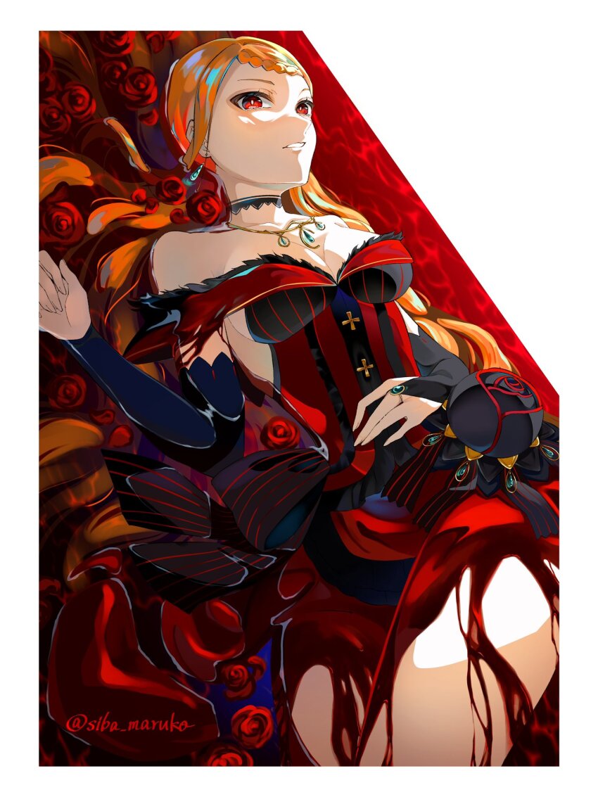 1girl blonde_hair breasts bridal_gauntlets cleavage collarbone dress earrings highres jewelry large_breasts long_hair lying priscilla_barielle re:zero_kara_hajimeru_isekai_seikatsu red_dress red_eyes siba_maruko solo