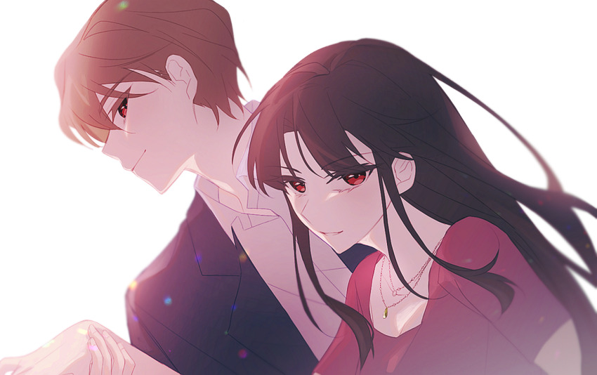 1boy 1girl bacon_(cnzxvy) blazer blonde_hair blunt_bangs breasts brown_hair cleavage colored_eyelashes commentary couple dress_shirt english_commentary floating_hair grey_jacket hakuba_saguru hetero holding_another&#039;s_wrist jacket jewelry koizumi_akako long_hair looking_at_viewer magic_kaito necklace open_clothes open_jacket parted_bangs red_eyes red_shirt shirt short_hair smile upper_body white_background white_shirt