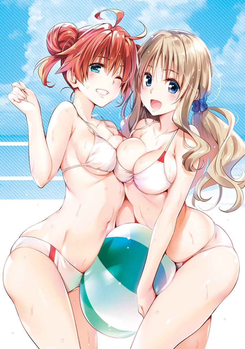 2girls :d ;) ahoge aqua_eyes asymmetrical_docking ball beachball bikini blonde_hair blue_eyes blue_sky blush breast_press breasts brown_hair cleaned cleavage contrapposto cowboy_shot darling_in_the_franxx day double_bun from_side green_eyes grin hair_bun hairband highres kokoro_(darling_in_the_franxx) large_breasts long_hair looking_at_viewer low_twintails medium_breasts miku_(darling_in_the_franxx) multiple_girls navel nude_filter_request official_art one_eye_closed open_mouth outdoors outside_border parted_lips red_hair shiny_skin sidelocks single_hair_bun skindentation sky smile standing swimsuit symmetrical_docking teeth twintails underboob wet wet_hair white_bikini yabuki_kentarou