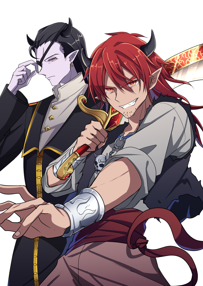 2boys absurdres black_hair black_horns bracer colored_skin commentary demon_boy dragon_quest dragon_quest_x earrings eyepatch facial_hair floating_clothes grin highres holding holding_sword holding_weapon hoop_earrings horns jewelry long_hair looking_at_viewer male_focus multiple_boys najinn_(dragon_quest) necklace orange_eyes pointy_ears purple_skin red_hair skull_necklace smile stubble sword tan torn_clothes weapon yellow_eyes yuken_52 yushuka_(dragon_quest)
