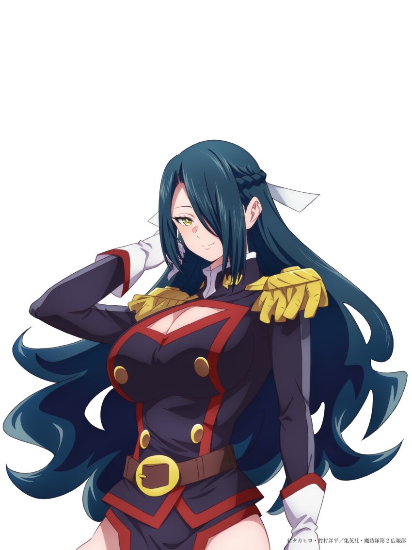 1girl anti-demon_corps_uniform azuma_fubuki belt blue_hair braid breasts cleavage cleavage_cutout clothing_cutout cowboy_shot epaulettes gloves hair_over_one_eye half_up_braid highres large_breasts long_hair mato_seihei_no_slave mature_female official_art pelvic_curtain red_belt red_trim simple_background smile solo thighs white_background white_gloves yellow_eyes