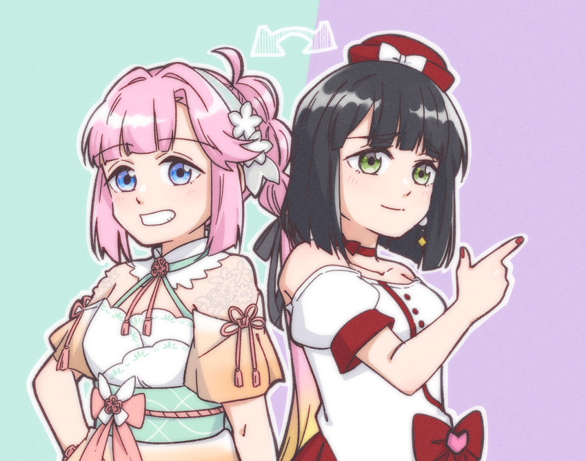 2girls ahoge anyoji_hime aoku_haruka/flower arrow_(symbol) black_hair black_ribbon blonde_hair blue_background blue_eyes blunt_bangs blunt_ends bob_cut bow breasts closed_mouth commentary_request cosplay costume_switch donpa dress finger_gun gradient_clothes gradient_dress gradient_hair green_eyes green_sash grin hair_intakes hair_ribbon hairband halter_dress halterneck hand_on_own_hip hat hat_bow highres link!_like!_love_live! long_hair love_live! medium_breasts miracreation/elegance momose_ginko multi-tied_hair multicolored_hair multiple_girls obi off-shoulder_dress off_shoulder orange_dress outline pink_hair ponytail puffy_short_sleeves puffy_sleeves purple_background red_hat ribbon sash short_hair short_sleeves sidelocks smile split_mouth swept_bangs two-tone_background upper_body very_long_hair virtual_youtuber white_bow white_dress white_hairband white_outline