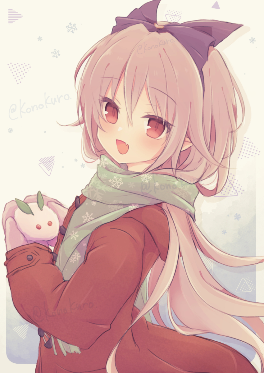1girl :d aoi_tori_(purple_software) black_bow blue_background blush bow coat commentary_request commission cowboy_shot enpera fang from_side gradient_background green_scarf grey_hair grey_mittens hair_between_eyes hair_bow hands_up highres holding konoquro long_hair long_sleeves looking_at_viewer mary_harker mittens open_mouth pointy_ears print_scarf red_coat red_eyes scarf simple_background skeb_commission skin_fang slit_pupils smile snow_rabbit snowflake_print snowflakes solo twitter_username very_long_hair winter_clothes