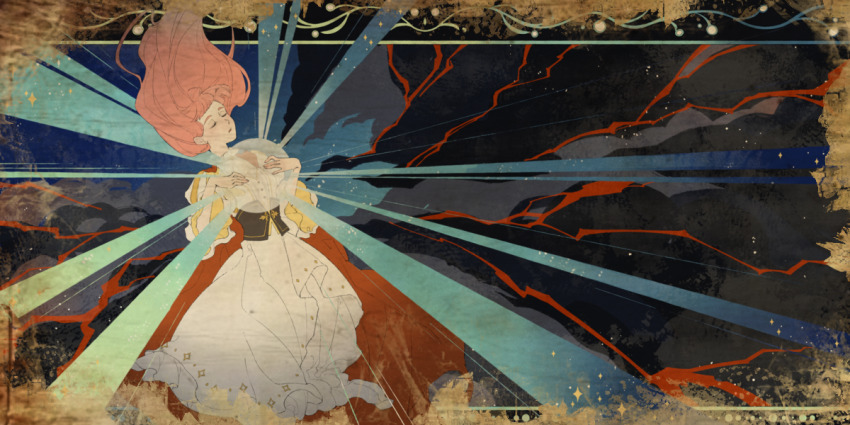 1girl artist_request black_corset blunt_bangs buttons cape chinese_commentary closed_eyes commentary_request corset cowboy_shot darkness dress expressionless floating_clothes floating_hair frilled_dress frilled_sleeves frills glowing hair_floating_upwards light-skinned_palms long_hair long_sleeves medium_dress night night_sky nikki_(nikki) nikki_(series) outdoors outside_border parted_lips pink_hair pleated_dress red_cape second-party_source shining_nikki sky smoke solo sparkle_print thick_eyebrows very_long_hair white_dress wide_sleeves