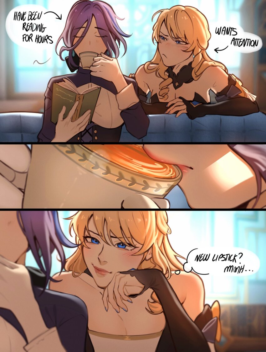 2girls blonde_hair blue_eyes blue_hair blush book clorinde_(genshin_impact) closed_eyes closed_mouth cup dark_blue_hair drill_hair drinking english_text genshin_impact highres holding holding_book indoors multiple_girls navia_(genshin_impact) parted_lips sitting tea teacup wiistef