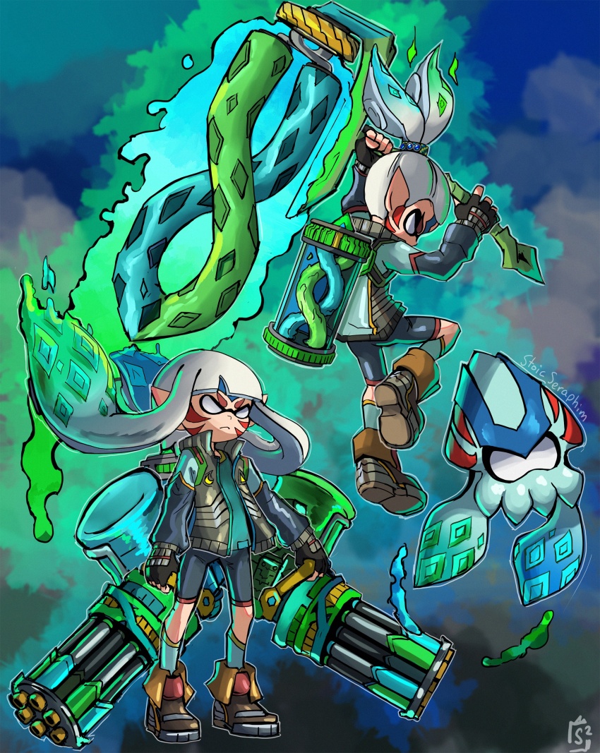1boy 1girl absurdres alternate_color alternate_costume alternate_eye_color alternate_hair_color alternate_weapon angry armor aura bandai_namco big_swig_roller_(splatoon) blue_hair carbon_roller_(splatoon) child company_connection corruption crescent crescent_moon crescent_moon_print crescent_moon_symbol crescent_print dark_persona double_helix dynamo_roller_(splatoon) facial_tattoo fierce_deity fingerless_gloves flingza_roller_(splatoon) frown gatling_gun gloves green_hair gun hal_laboratory hero_roller_(splatoon) highres holding holding_paint_roller holding_weapon inkling inkling_boy inkling_girl inkling_player_character kos-mos kos-mos_re: long_sleeves looking_down looking_to_the_side monolith_soft moon multicolored_hair multiple_persona nintendo no_pupils paint_roller pointy_ears ponytail pose_imitation possessed possession shorts splat_roller_(splatoon) splatoon_(series) splatoon_1 squid stoic_seraphim super_smash_bros. tattoo the_legend_of_zelda the_legend_of_zelda:_majora&#039;s_mask triangle triangle_print weapon white_eyes white_hair xeno_(series) xeno_series xenoblade_chronicles_(series) xenoblade_chronicles_2 xenosaga