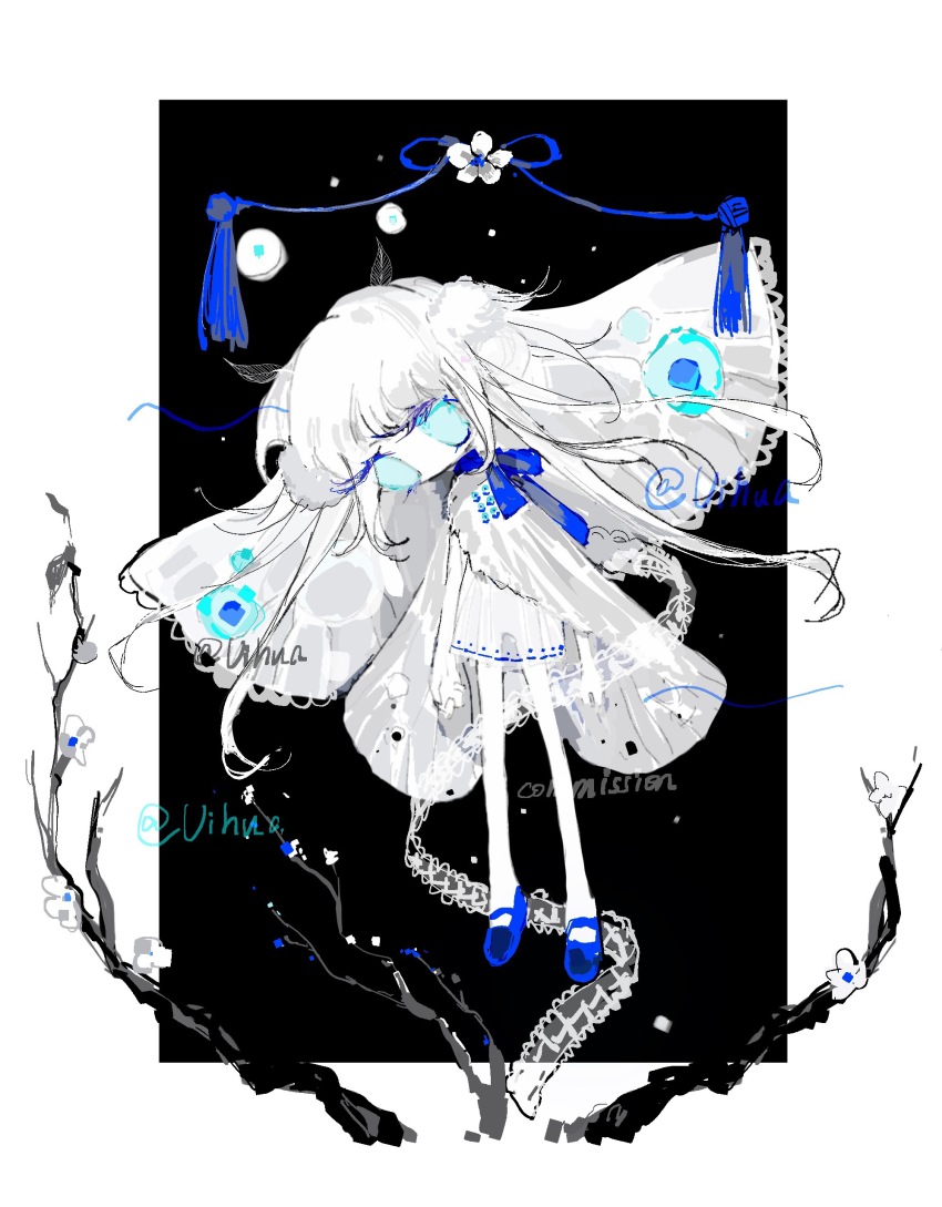 1girl absurdres arthropod_girl blue_eyes blue_ribbon blue_shoes chinese_commentary colored_skin commentary_request commission deformed dress flower full_body highres insect_girl insect_wings mary_janes moth_antennae moth_girl moth_wings neck_ribbon no_mouth no_nose original ribbon shoes solo tassel vihua6 watermark white_dress white_flower white_skin wings