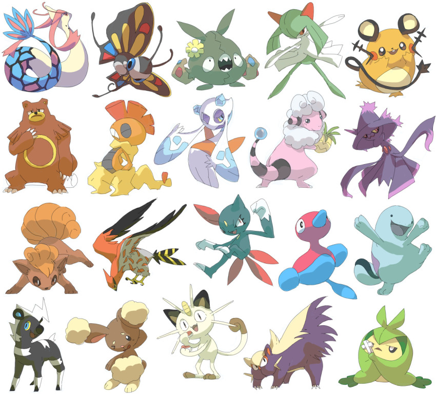 :d bear beautifly berry_(pokemon) black_eyes bug butterfly cat commentary dedenne english_commentary fangs flaaffy flower froslass gen_1_pokemon gen_2_pokemon gen_3_pokemon gen_4_pokemon gen_5_pokemon gen_6_pokemon insect kirlia looking_at_viewer meowth milotic nintendo one_eye_closed open_mouth pinap_berry pinkgermy pokemon pokemon_(creature) quagsire rabbit scrafty simple_background smile standing standing_on_one_leg trubbish ursaring vulpix white_background
