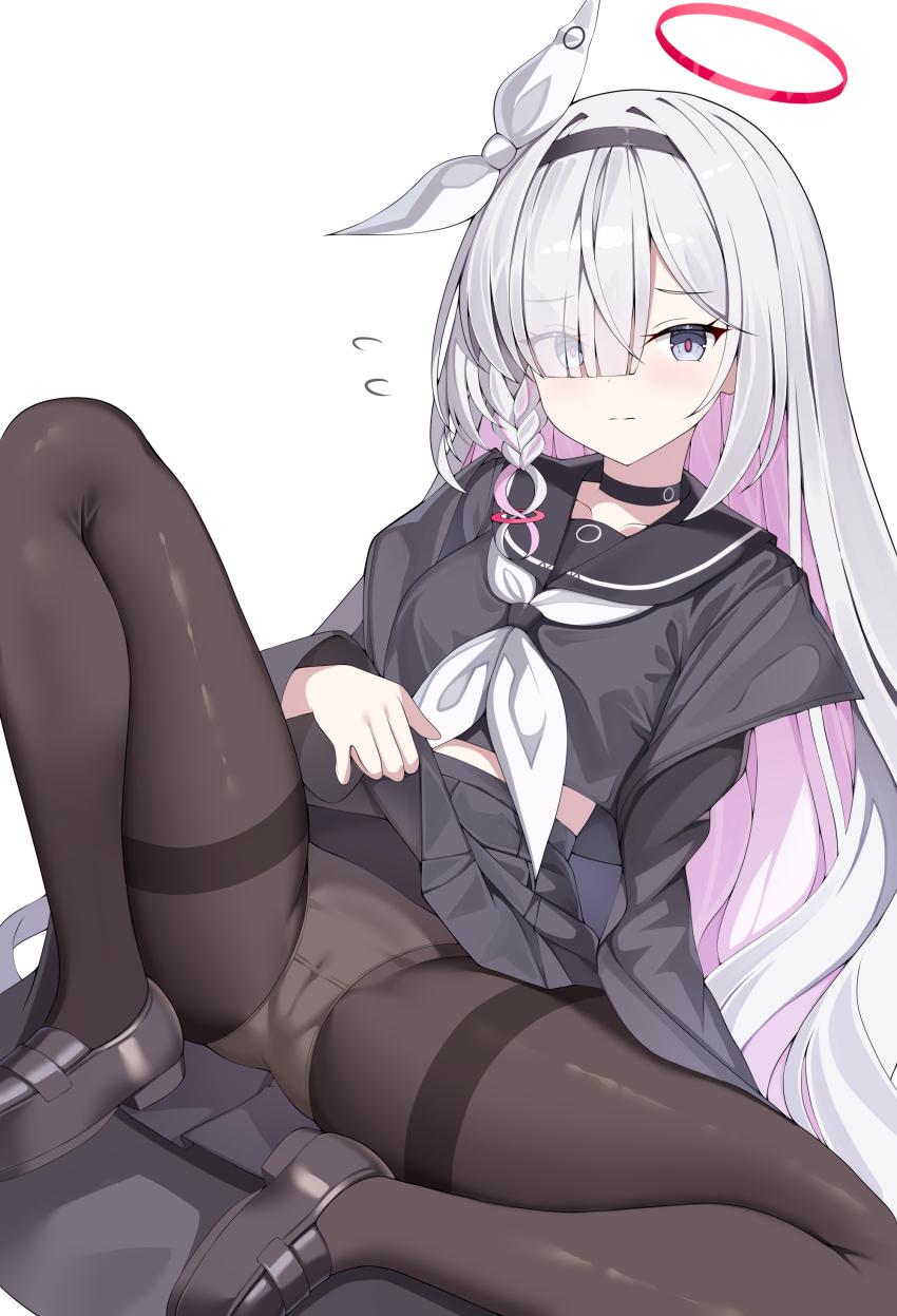 1girl absurdres black_choker black_coat black_pantyhose black_sailor_collar black_serafuku black_shirt black_shoes black_skirt blue_archive breasts cameltoe choker closed_mouth clothes_lift coat collarbone colored_inner_hair commentary dot_nose eyes_visible_through_hair flying_sweatdrops grey_hair hair_between_eyes hair_over_one_eye hair_ribbon halo highres knee_up lifting_own_clothes loafers loli long_hair long_sleeves looking_at_viewer multicolored_hair neckerchief off_shoulder open_clothes open_coat panties panties_under_pantyhose pantyhose pink_hair plana_(blue_archive) pleated_skirt red_halo red_pupils ribbon sailor_collar school_uniform serafuku shirt shoes simple_background sitting skirt skirt_lift small_breasts sob_(submar1089) solo split_mouth spread_legs thighband_pantyhose thighs two-tone_hair underwear very_long_hair white_background white_neckerchief white_panties white_ribbon