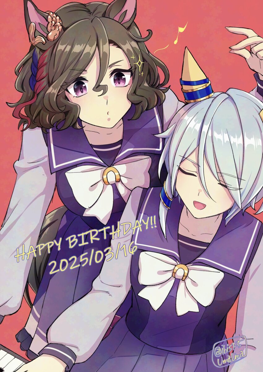 2girls blue_hair bow bowtie braid breasts brown_hair closed_eyes dated ear_covers ear_ornament eighth_note happy_birthday hi_(ibisf5umauma) highres instrument k.s.miracle_(umamusume) multicolored_hair multiple_girls musical_note open_mouth piano pink_eyes purple_shirt purple_skirt red_background sailor_collar school_uniform shirt short_hair simple_background single_braid sitting skirt small_breasts smile sparkle standing streaked_hair tap_dance_city_(umamusume) tracen_school_uniform twitter_username umamusume