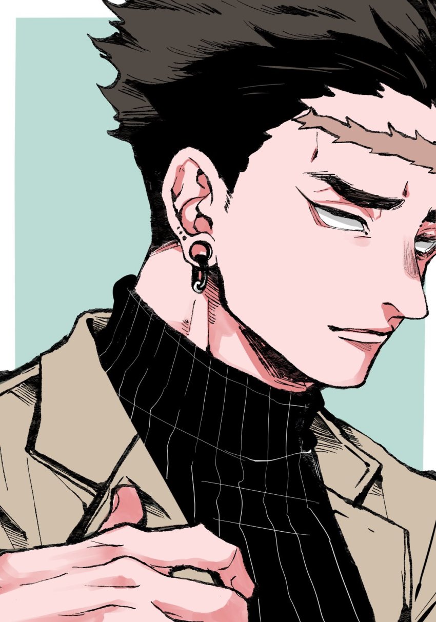 1boy adjusting_clothes beige_coat brown_hair coat earrings green_background highres himejima_gyoumei jewelry kimetsu_no_yaiba scar scar_on_face scar_on_forehead short_hair solo souryu513_(sousuke) turtleneck white_eyes