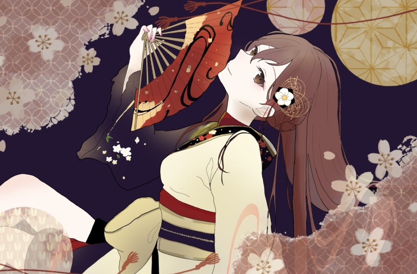 1girl brown_eyes brown_hair commentary derivative_work eyelashes floral_print from_side hair_between_eyes hand_fan highres holding holding_fan japanese_clothes kawaranu_atatakasa_no_tonari_de_(project_sekai) kimono kuromitsu_(pixiv_104809911) leo/need_meiko long_hair looking_at_viewer meiko_(vocaloid) official_alternate_costume paper_fan print_paper_fan project_sekai sitting smile solo upper_body very_long_hair vocaloid wide_sleeves