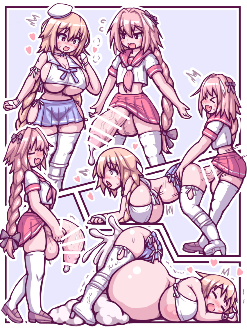 1boy 1girl 57mm aftersex androgynous astolfo_(fate) astolfo_(sailor_paladin)_(fate) bar_censor bare_shoulders bent_over beret big_belly blonde_hair blue_eyes blush bow braid braided_ponytail breasts censored comic cowboy_shot crop_top crossdressing cum cum_overflow cumdrip curvy doggystyle excessive_cum fate/grand_order fate_(series) fucked_silly full_body gigantic_testicles groin hair_bow hat heart hetero high_heels highres huge_breasts huge_penis huge_testicles inflation jeanne_d&#039;arc_(fate) jeanne_d&#039;arc_(mystery_treasure)_(fate) large_areolae long_hair looking_at_another looking_at_penis mini_hat miniskirt multiple_views navel nipple_slip nipples orgasm penis penis_awe pink_eyes pink_hair precum precum_string pumps sailor_collar sex sex_from_behind sideboob sidelocks skirt standing stomach_bulge sweat testicles thick_thighs thighhighs thighs trap trap_on_female underboob vaginal veins veiny_penis very_long_hair wide_hips