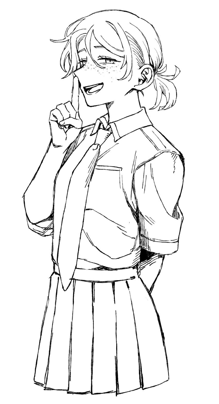 1girl :d alternate_hairstyle arm_behind_back breast_pocket collared_shirt commentary_request cropped_legs freckles futsuu_no_keion-bu greyscale half-closed_eyes hand_up highres index_finger_raised monochrome necktie open_mouth pleated_skirt pocket ponytail rra_(yj) school_uniform shirt shirt_tucked_in short_hair short_sleeves skirt smile solo tsuru_asaka