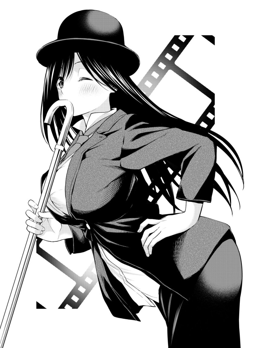 1girl amagami-san_chi_no_enmusubi amagami_yae blush breasts buttons cane collared_shirt film_reel greyscale hand_on_own_hip hat highres holding holding_cane jacket long_hair monochrome one_eye_closed ryopa second-party_source shirt solo