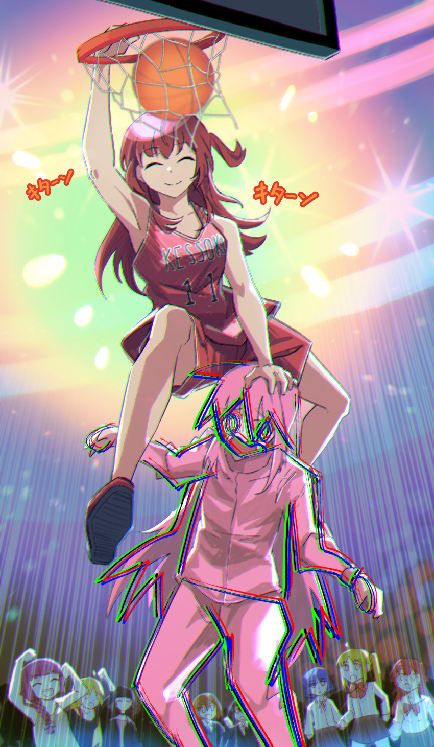 6+girls absurdres arms_up ball basketball basketball_(object) basketball_hoop basketball_uniform black_shirt blonde_hair blurry bocchi_the_rock! bokeh braid braided_ponytail brown_hair brown_skirt cheering clenched_hand closed_eyes closed_mouth commentary depth_of_field distortion glitch gotoh_hitori hair_over_shoulder hand_on_another&#039;s_head highres hiroi_kikuri homu_(homuplush) ijichi_nijika ijichi_seika jacket jumping kita_ikuyo lens_flare long_hair medium_hair meme multiple_girls pa-san pants pink_hair pink_jacket pink_pants pink_track_suit pleated_skirt ponytail red_hair red_shirt red_shoes red_shorts shirt shoes shorts skirt slam_dunk_(basketball) smile sportswear standing surprised track_suit tu_mama_w_(meme) very_long_hair white_shirt yamada_ryo