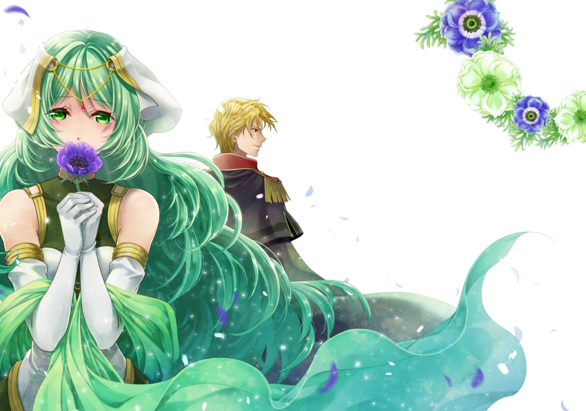 1boy 1girl bare_shoulders blonde_hair breasts camus_(fire_emblem) covering_own_mouth dress elbow_gloves fire_emblem fire_emblem_echoes:_shadows_of_valentia flower gloves green_eyes green_hair hair_ornament holding holding_flower ichino_tomizuki long_hair medium_breasts military military_uniform nintendo own_hands_together petals profile sash short_hair simple_background tatiana_(fire_emblem) white_background white_gloves