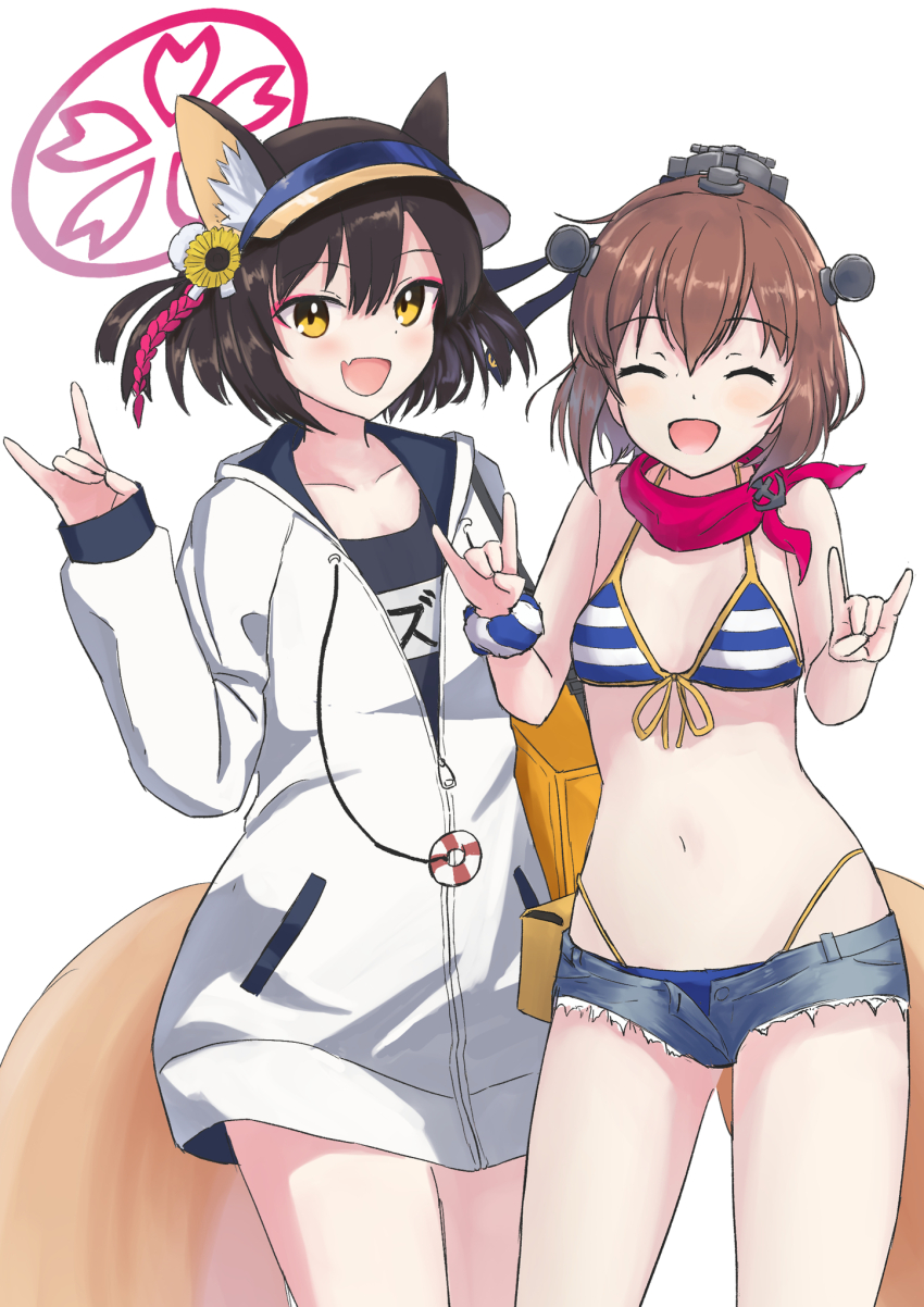 2girls animal_ears bikini black_one-piece_swimsuit blue_archive breasts brown_eyes brown_hair closed_eyes cosplay costume_switch cutoffs denim denim_shorts fox_ears fox_girl fox_shadow_puppet fox_tail front-tie_top halo highleg highleg_bikini highres hood hooded_jacket izuna_(blue_archive) izuna_(blue_archive)_(cosplay) izuna_(swimsuit)_(blue_archive) jacket kantai_collection long_sleeves micro_shorts multiple_girls name_tag navel old_school_swimsuit one-piece_swimsuit open_mouth pink_halo red_scarf scarf school_swimsuit short_hair shorts small_breasts smile speaking_tube_headset striped_bikini striped_clothes swim_ring swimsuit swimsuit_under_clothes tail visor_cap white_jacket yuki_4040 yukikaze_(kancolle) yukikaze_(kancolle)_(cosplay) yukikaze_(swimsuit)_(kancolle)