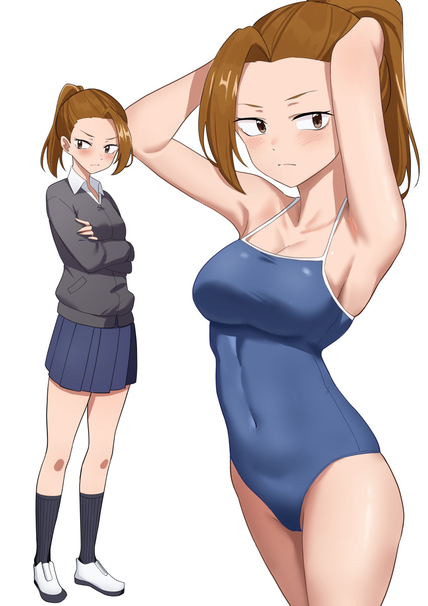 1girl absurdres armpits arms_up black_sweater blue_one-piece_swimsuit blue_skirt boku_no_kokoro_no_yabai_yatsu boyin breasts brown_eyes brown_hair cleavage collared_shirt crossed_arms highres kneehighs medium_breasts multiple_views one-piece_swimsuit ponytail school_swimsuit shirt simple_background skirt socks sweater swimsuit white_background white_footwear yoshida_serina