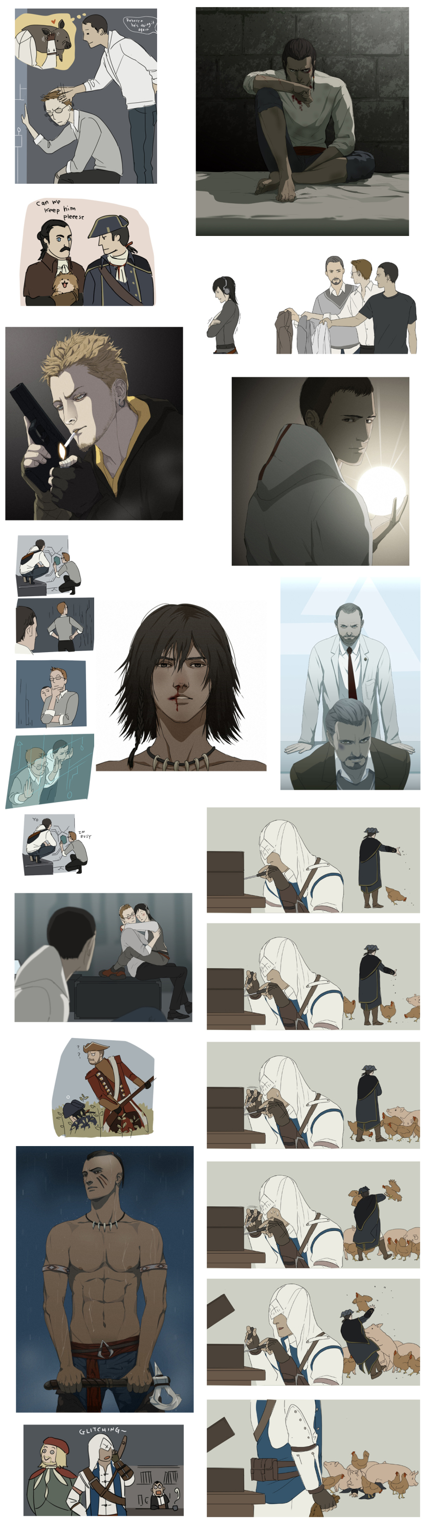 1girl 6+boys :&gt; ? absurdres aged_down apple_of_eden_(assassin&#039;s_creed) assassin&#039;s_creed assassin&#039;s_creed_(series) assassin&#039;s_creed_ii assassin&#039;s_creed_iii bandages beard bed bird black_gloves black_hair blonde_hair blood blue_eyes blush bookshelf bow_(weapon) braid brown_eyes brown_gloves brown_hair bush cape caught charles_lee chicken cigarette clothes coat connor_kenway daniel_cross desmond_miles earrings english_text facial_hair facial_mark feeding fingerless_gloves gameplay_mechanics gb_(doubleleaf) giving glasses gloves grey_hair gun hand_on_own_chin hands_on_own_hips hat haytham_kenway headpat headphones hiding highres holding hood hoodie hug jewelry lab_coat leonardo_da_vinci lighter lockpick logo looking_at_another looking_at_viewer malik_al-sayf mohawk multiple_boys mustache necklace necktie open_mouth pig rebecca_crane red_coat renaissance_clothes rifle shaun_hastings short_hair side_braid sitting sketch smile smoking stroking_own_chin sweat time_paradox tomahawk topless_female trembling tricorne vambraces warren_vidic weapon william_miles