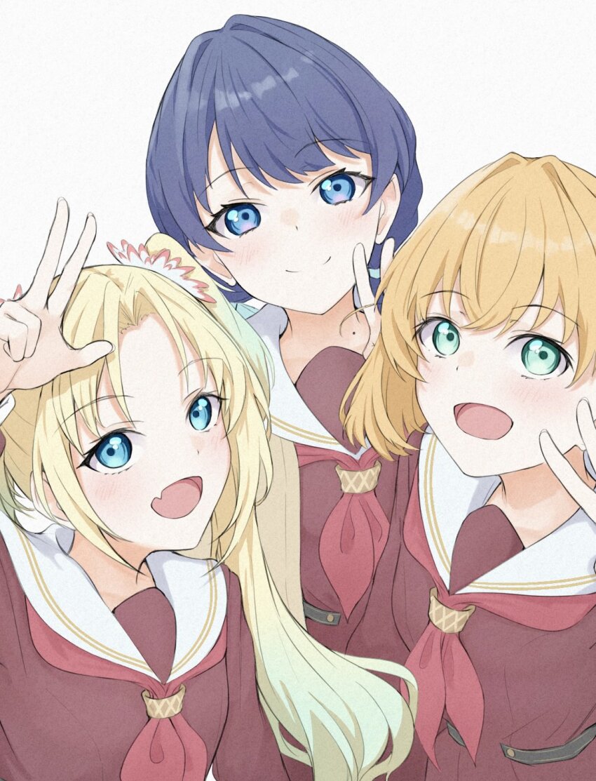 3girls :d aqua_hair blonde_hair blue_eyes blue_hair blue_ribbon breasts brown_cardigan brown_dress cardigan closed_mouth commentary_request crossed_bangs dark_blue_hair dress fang flower gradient_hair green_eyes hair_flower hair_ornament hair_ribbon hasu_no_sora_school_uniform highres hinoshita_kaho link!_like!_love_live! long_hair long_sleeves love_live! low_twintails medium_breasts medium_hair mole mole_on_neck multicolored_hair multiple_girls murano_sayaka neckerchief open_cardigan open_clothes open_mouth orange_hair osawa_rurino parted_bangs pink_flower rabbit_hair_ornament red_neckerchief ribbon sailor_collar sailor_dress school_uniform skin_fang smile split_mouth tomoe_(tomoe_200) twintails two_side_up upper_body virtual_youtuber w w_over_face white_sailor_collar winter_uniform