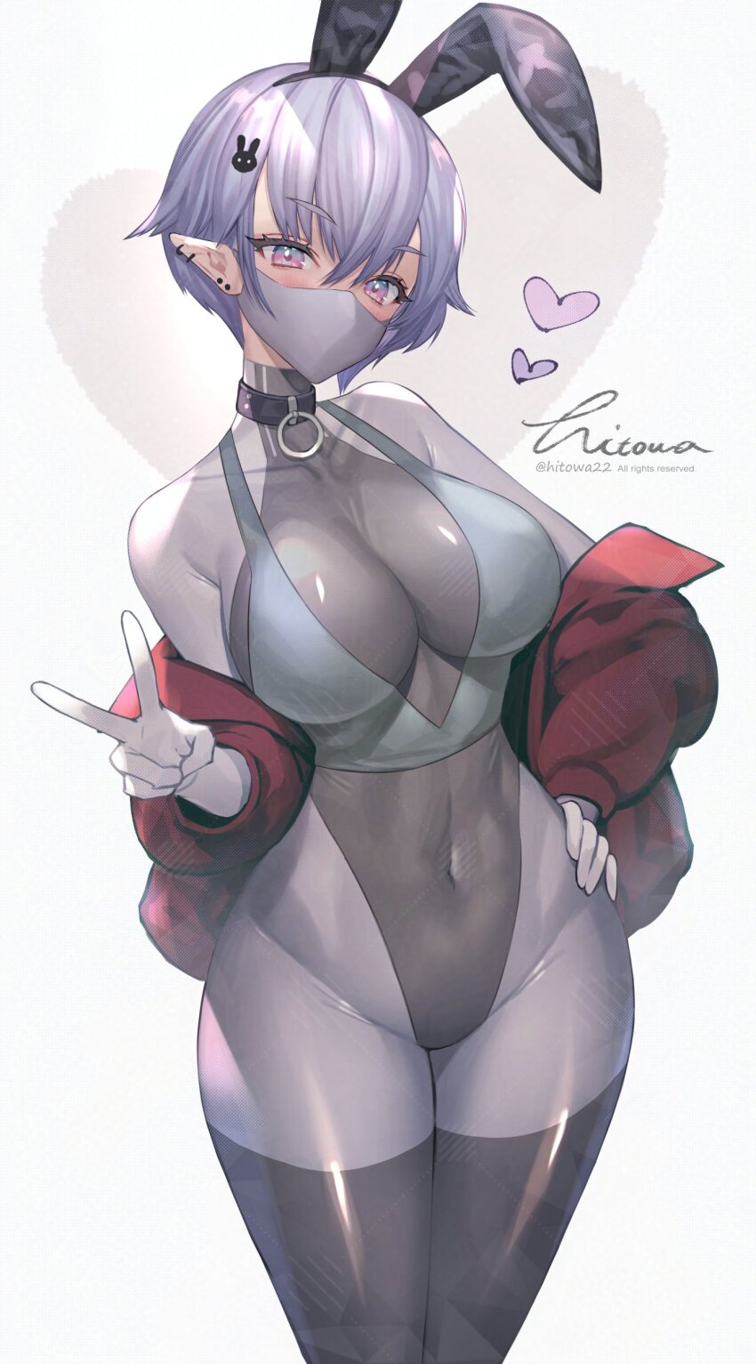 1girl absurdres animal_ear_hairband animal_ears black_collar bodystocking character_request collar collarbone copyright_request earrings fake_animal_ears grey_mask hair_ornament hairband hand_on_own_hip heart highres hitowa jacket jewelry mask mouth_mask navel off_shoulder pink_eyes pointy_ears purple_eyes purple_hair rabbit_ear_hairband rabbit_ears rabbit_hair_ornament red_jacket short_hair signature solo thighhighs twitter_username v watermark