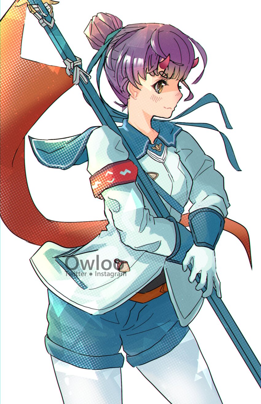 absurdres artist_name blue_shorts closed_mouth commentary english_commentary fiona_(xenoblade) flag gloves highres holding holding_flag horns looking_ahead owloo_art purple_hair shorts simple_background skin-covered_horns topknot watermark white_background white_gloves xenoblade_chronicles_(series) xenoblade_chronicles_3 yellow_eyes