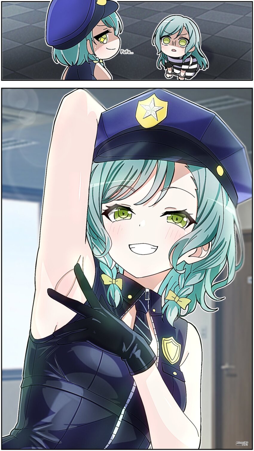 2girls aqua_hair armpits arms_up bang_dream! blue_hat braid breasts commentary cuffs english_commentary green_eyes handcuffs hat highres hikawa_hina hikawa_sayo izami_md long_hair medium_hair multiple_girls open_mouth police_hat shirt siblings side_braids sisters sleeveless sleeveless_shirt small_breasts twins