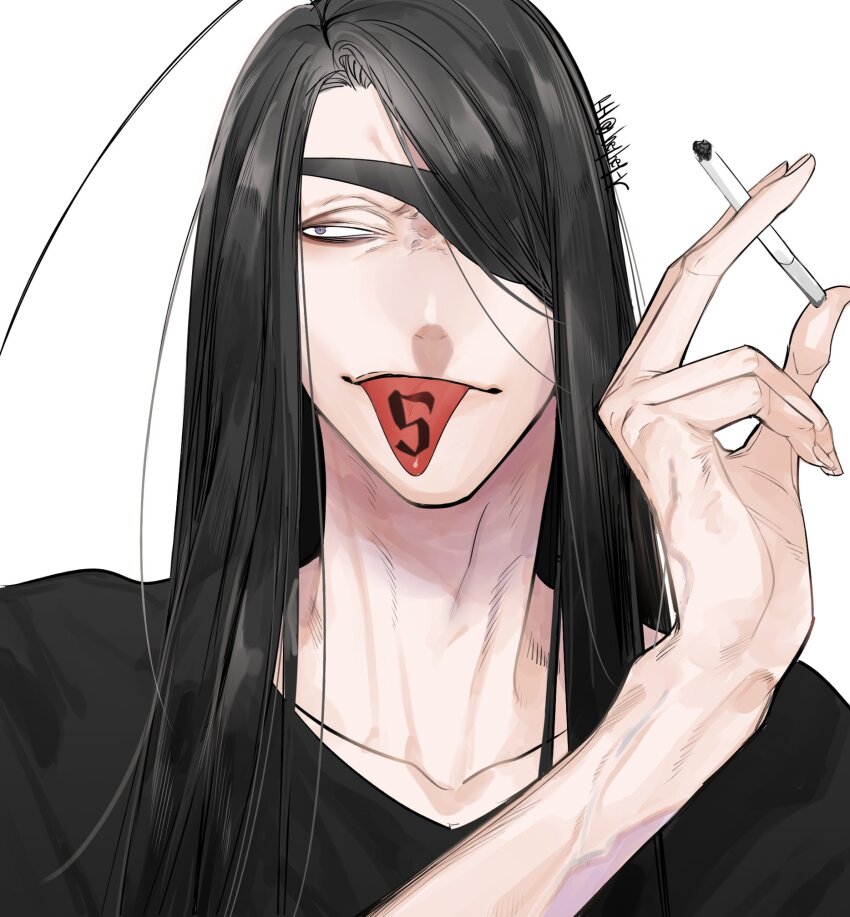 1boy artist_name black_hair black_shirt bleach cigarette eyepatch highres holding holding_cigarette long_hair looking_to_the_side male_focus nnoitra_gilga ryuuhei shirt simple_background solo tongue tongue_out tongue_tattoo white_background