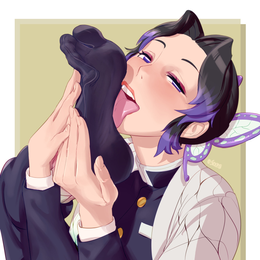 1girl absurdres animal_print black_hair black_socks butterfly_hair_ornament butterfly_print demon_slayer_uniform feet feet_up foot_focus gradient_hair hair_ornament haori highres japanese_clothes kimetsu_no_yaiba kochou_shinobu licking_own_foot looking_at_viewer multicolored_hair purple_eyes purple_hair short_hair socks solo staerk tongue tongue_out