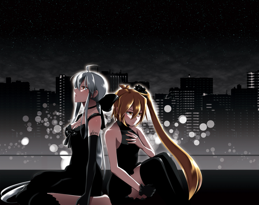2girls akita_neru blonde_hair caffein dress elbow_gloves gloves highres long_hair multiple_girls red_eyes thighhighs vocaloid white_hair yellow_eyes yowane_haku