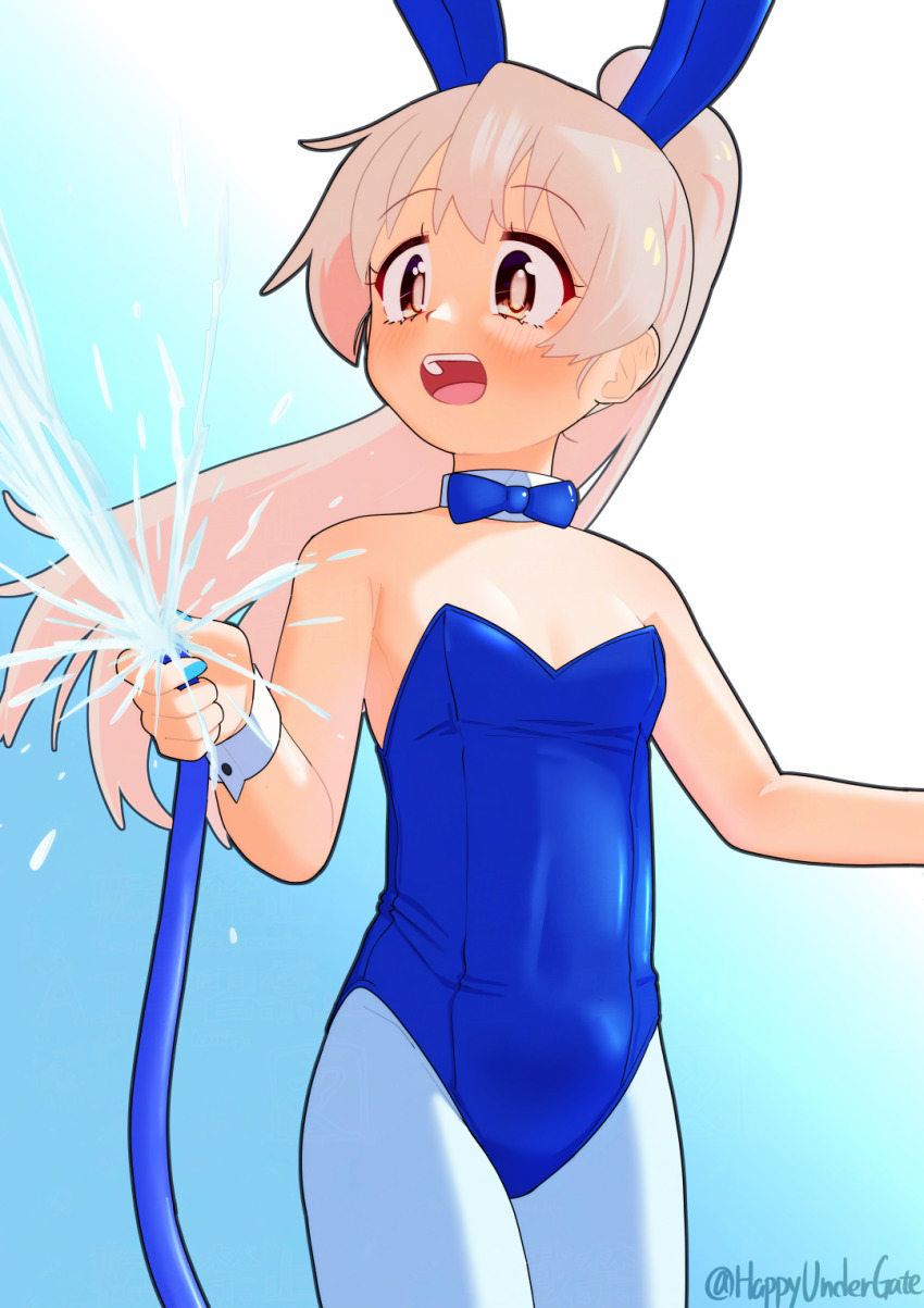 1girl :d alternate_costume animal_ears artist_name bare_arms bare_shoulders blue_background blue_bow blue_bowtie blue_leotard blue_nails bow bowtie breasts brown_eyes commentary cowboy_shot detached_collar gradient_background happyundergate highres holding holding_hose hose leotard long_hair nail_polish onii-chan_wa_oshimai! open_mouth oyama_mahiro pantyhose pink_hair playboy_bunny ponytail rabbit_ears simple_background small_breasts smile solo strapless strapless_leotard teeth twitter_username upper_teeth_only water white_pantyhose wrist_cuffs