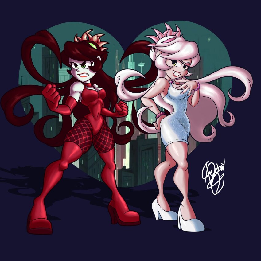 boots city cityscape cosplay costume_switch dominatrix elbow_gloves filia_(skullgirls) fishnets fukua_(skullgirls) germeriazc gloves highres ima_goodelady powerpuff_girls samson_(skullgirls) sedusa shamone_(skullgirls) skullgirls