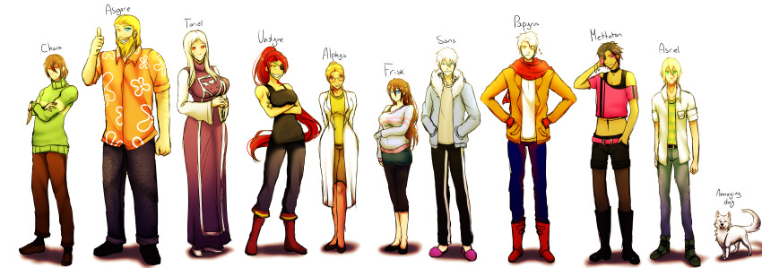 4girls 6+boys absurdres aged_up alphys annoying_dog asgore_dreemurr asriel_dreemurr beard black_footwear black_hair black_pants blonde_hair blue_eyes blue_jacket blue_sweater breasts brothers brown_hair brown_pants chara_(undertale) closed_lab_coat commentary crossed_arms dog eyepatch facial_hair frazie202 frisk_(undertale) frown gloves green_eyes green_sweater grey_pants grin hair_over_one_eye hand_on_own_arm highres holding holding_knife hood hooded_jacket hoodie humanization jacket knife lab_coat laboratory large_breasts long_hair long_sleeves medium_breasts mettaton multiple_boys multiple_girls navel pants papyrus_(undertale) ponytail red_eyes red_footwear red_gloves red_hair sans_(undertale) scarf shirt shoes short_hair shorts siblings slippers smile striped_clothes striped_shirt striped_sweater sweater thumbs_up toriel two-tone_sweater undertale undyne very_long_hair white_dog white_hair yellow_eyes