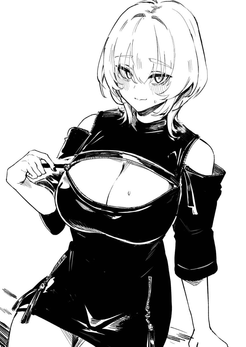 1girl absurdres arm_support blush cleavage_cutout clothing_cutout from_above hair_between_eyes highres looking_at_viewer looking_up lynus medium_hair monochrome original pointing pointing_at_breasts pointing_at_self simple_background sitting solo sweat sweatdrop