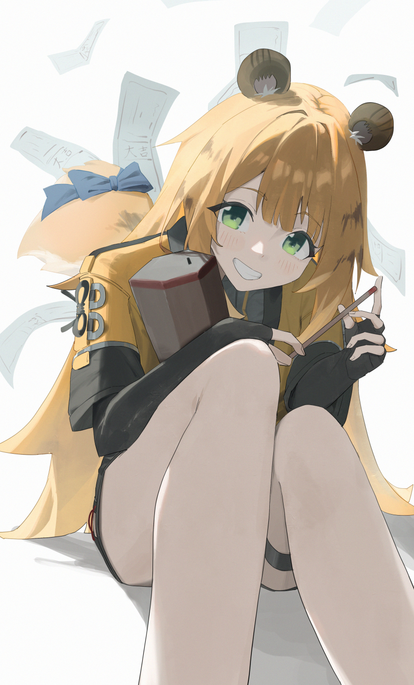 1girl absurdres animal_ears blonde_hair blush fingerless_gloves gloves green_eyes grin highres holding_omikuji jacket ju_fufu long_hair looking_at_viewer lupinu5 omikuji sitting smile solo tail tiger_ears tiger_girl tiger_tail yellow_jacket zenless_zone_zero