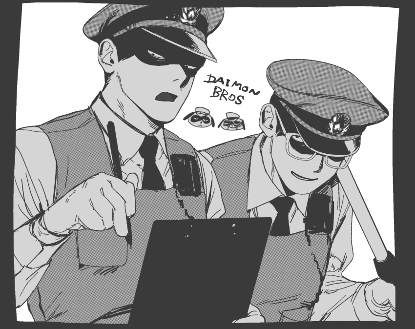 2boys baton_(weapon) border brothers character_name clipboard daimon_kenshirou daimon_koushirou glasses gloves grey_border greyscale hat highres holding holding_clipboard holding_pen holding_weapon japan_national_police male_focus monochrome multiple_boys necktie odd_taxi open_mouth paguraisu pen pocket police police_hat police_uniform shaded_face siblings vest weapon