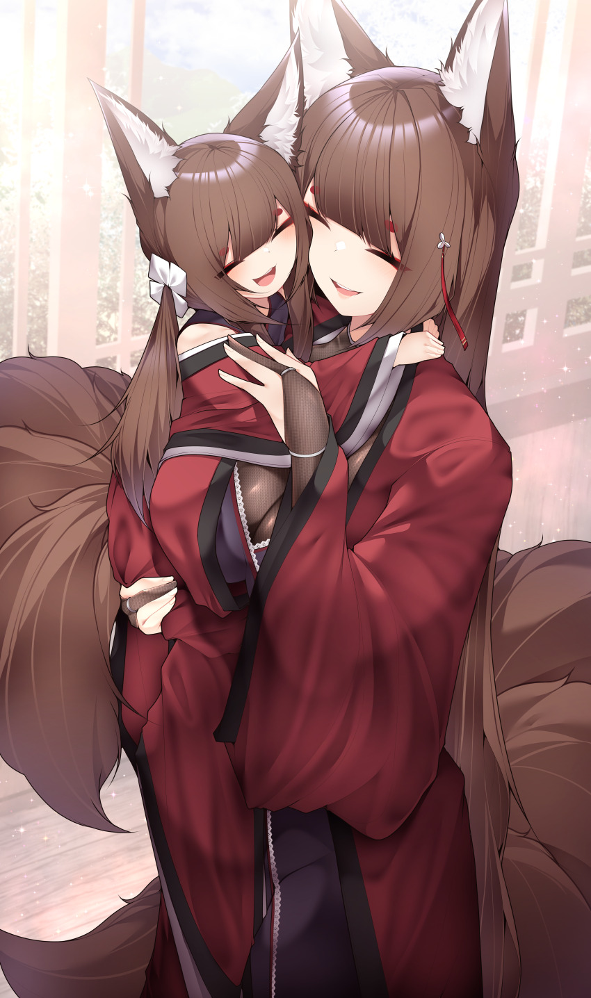 2girls absurdres amagi-chan_(azur_lane) amagi_(azur_lane) animal_ear_fluff animal_ears azur_lane bodystocking brown_hair brown_tail carrying carrying_person fox_ears fox_girl fox_tail haori highres hug japanese_clothes kimono kitsune kyuubi mother_and_daughter multiple_girls multiple_tails purple_kimono red_haori samip smile tail teeth upper_teeth_only